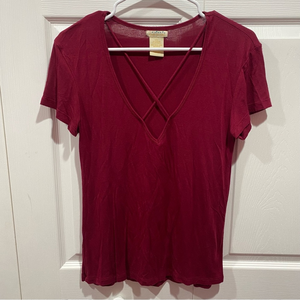 LOVE ON TAP Women’s Short Sleeve Soft Stretchy V Neck Top - burgundy, size S